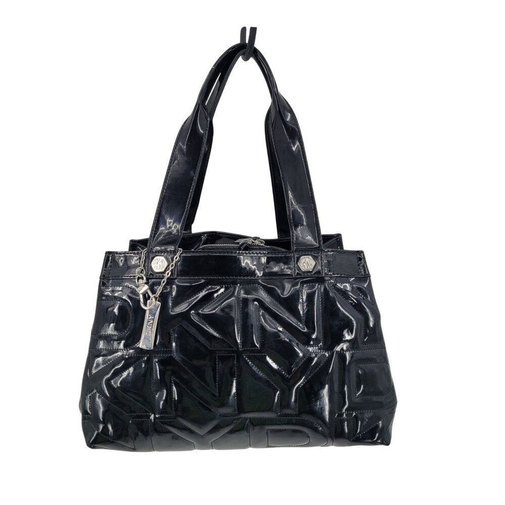 Vtg 90s Y2K‎ Black Patent Leather Logo Quilted Shoulder Tote Bag Purse Trending